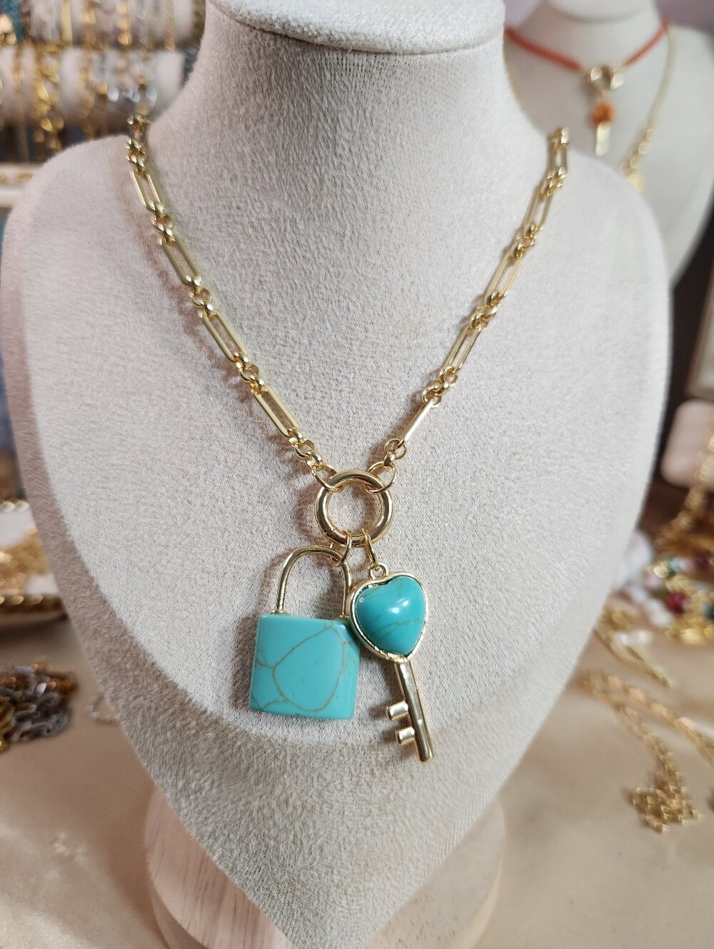 Lock And Key Natural Stone Charm Necklace